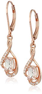 Rose Gold Plated Silver Morganite Oval Cubic Zirconia Accents Dangle Earrings