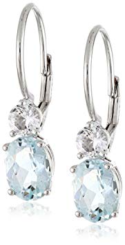 10k White Gold Aquamarine and Created White Sapphire Dangle Earrings