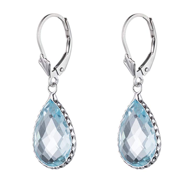 Sterling Silver Genuine Colored Stone Earring, Lever Back Closure, Pear shape, Bezel-Set