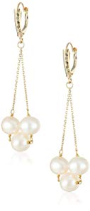 14k Yellow Gold with 3 Piece 8-8.5mm White Freshwater Cultured Pearl Cable Chain Lever-Back Dangle Earrings