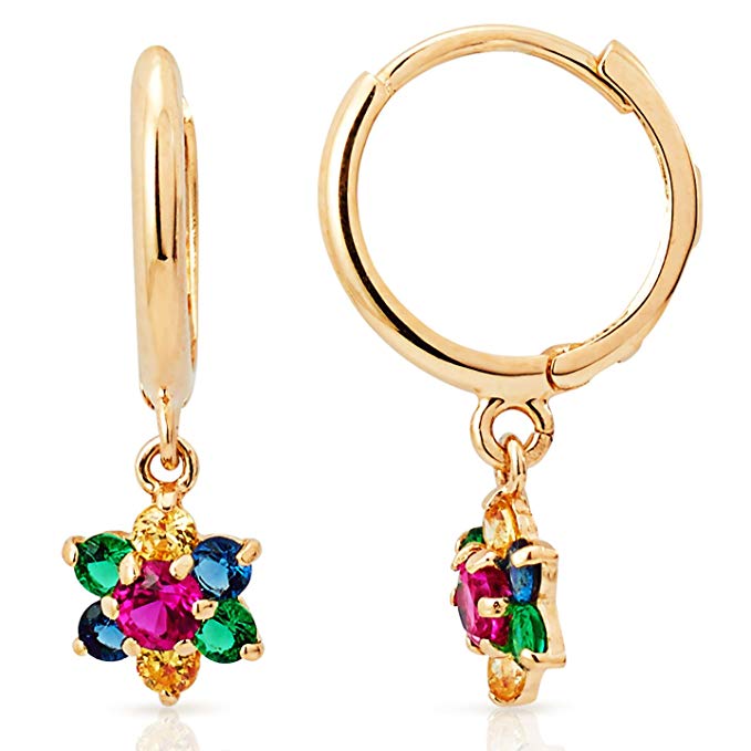 Multicolored CZ Flower Dangling Earrings in 14K Yellow Gold