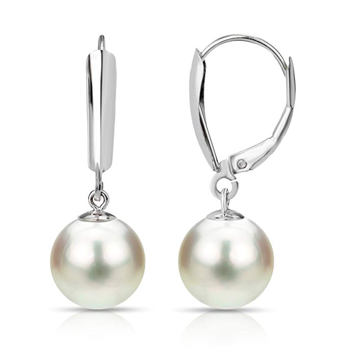 White Cultured Freshwater Pearl Earrings Leverback Dangle 14K Gold Jewelry for Women