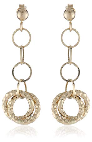 14k Yellow Gold Italian Polished and Textured Double Circle Dangle Earrings