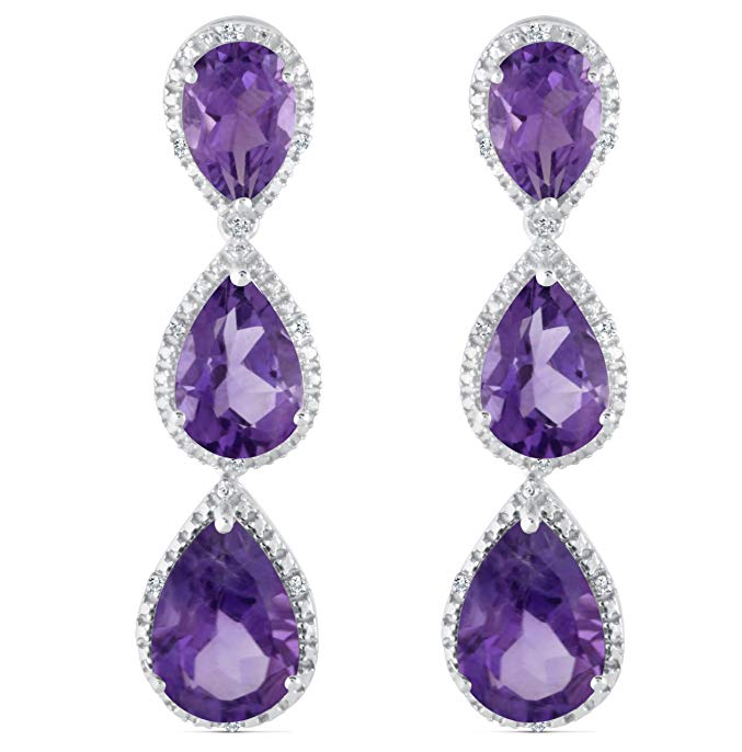 Sterling Silver Triple Teardrop Dangle Gemstone Earring, Set with .08 Cttw Diamonds