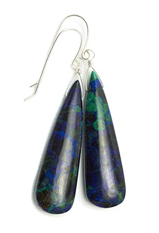 Sterling Silver Azurite Earrings Blue Green Long Teardrops Smooth Drops