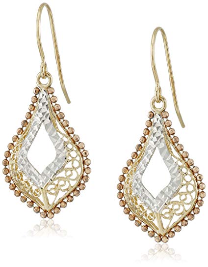 14k Gold Tri-Color Filigree Diamond-Cut Drop Earrings