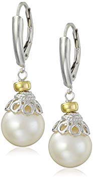 Sterling Silver 10-11mm Pearl Cup Design Leverback Dangle Earrings