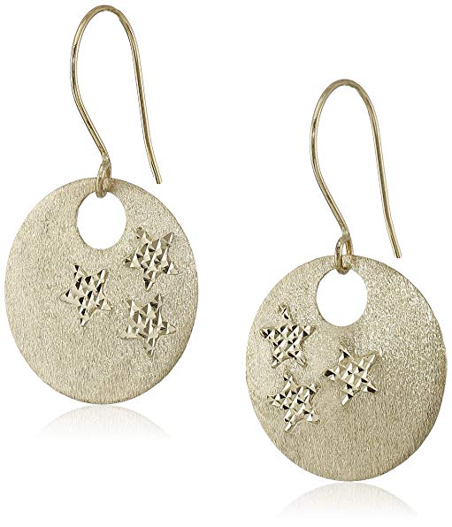 14k Yellow Gold Star Engraved Circle Disc Dangle Earrings