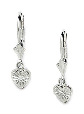 14k White Gold Heart Drop Leverback Earrings - Measures 23x6mm