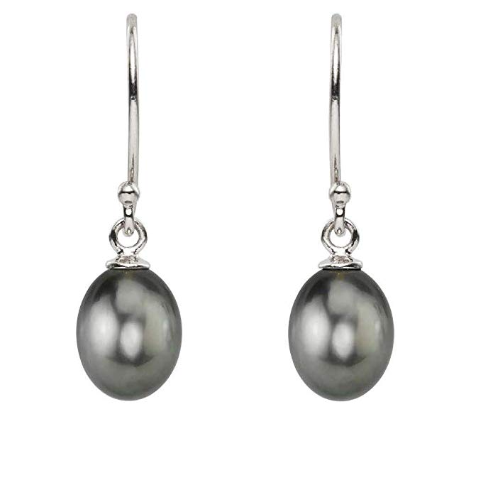 14k White Gold Black Tahitian Cultured Tear-drop Pearl (9.5-10mm) Hook Earrings