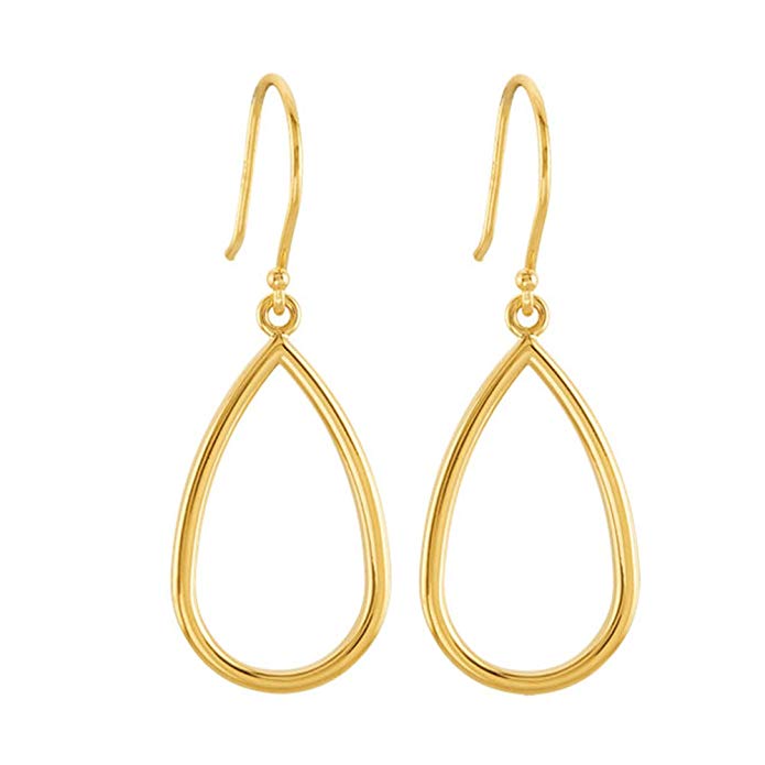 14K Yellow Gold Open Pear Teardrop Dangle Hook Earrings, 34mm x 13mm