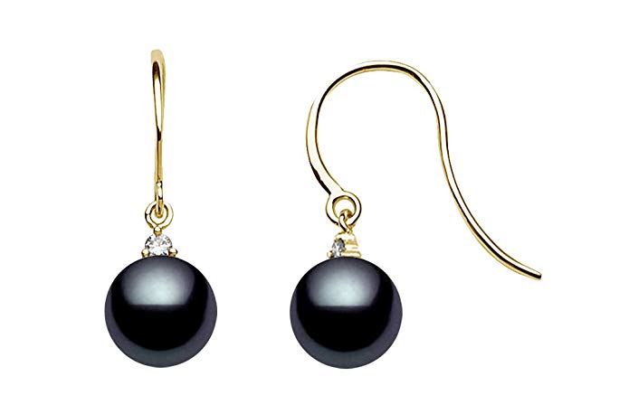 14k Yellow Gold AAAA Quality Black Akoya Cultured Pearl Diamond Dangle Earrings