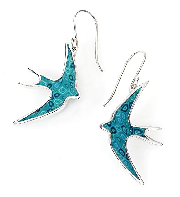 925 Sterling Silver Swallow Dangle Earrings Polymer Clay Handmade Bird Jewelry