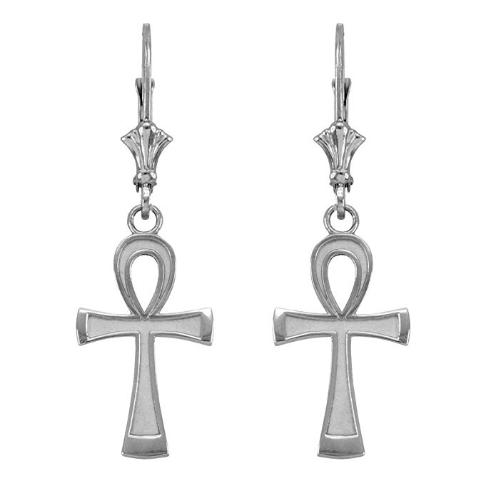 14k White Gold Egyptian Ankh Cross Earrings