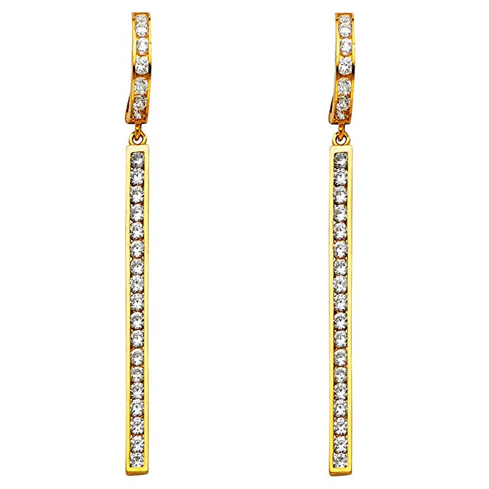 Ladies Solid 14K Yellow Gold Cubic Zirconia Hanging Huggies Earrings