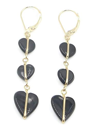 Onyx Black Heart Hanging Earrings set in 14K Yellow Gold,Leverbacks