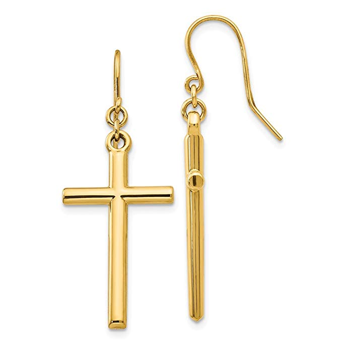 14k Yellow Gold Cross Shepherd Hook Dangle Earrings