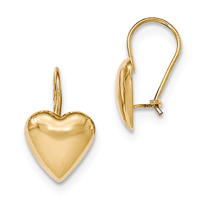 14k Yellow Gold Polished 11.5mm Puffed Heart Kidney Wire Earrings