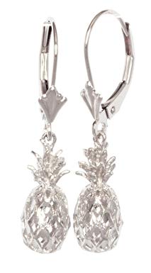 14K Solid White Gold Hawaiian 3D Pineapple Leverback Earrings