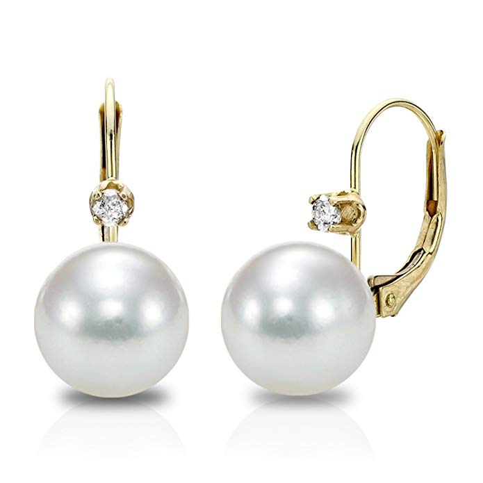 14K Yellow Gold White Japanese Akoya Cultured Pearl leverback 8-8.5mm Diamond Earrings Jewelry