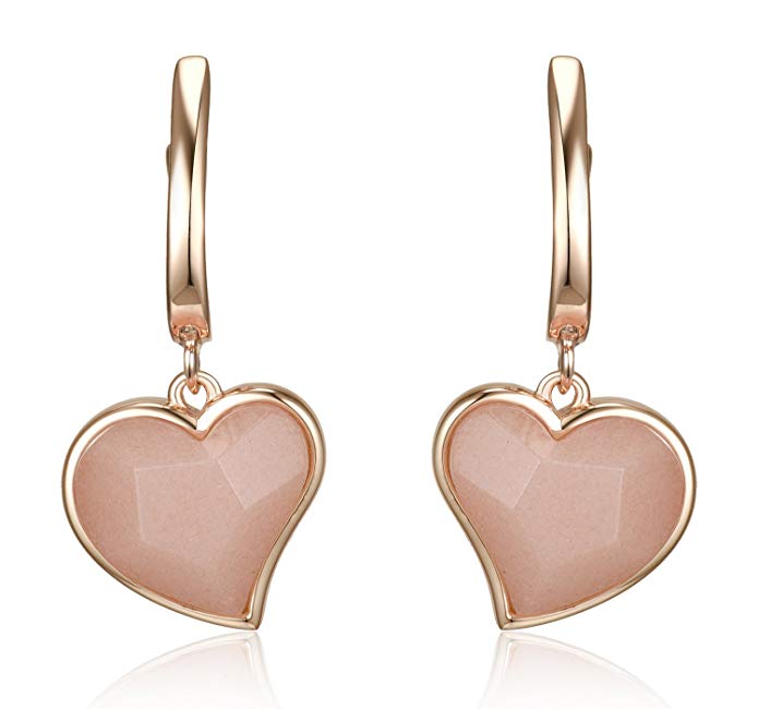 Lanfeny Rose Gold Plated 925 Sterling Silver Dangle Earrings with Natural Rose Quartz Heart Shape