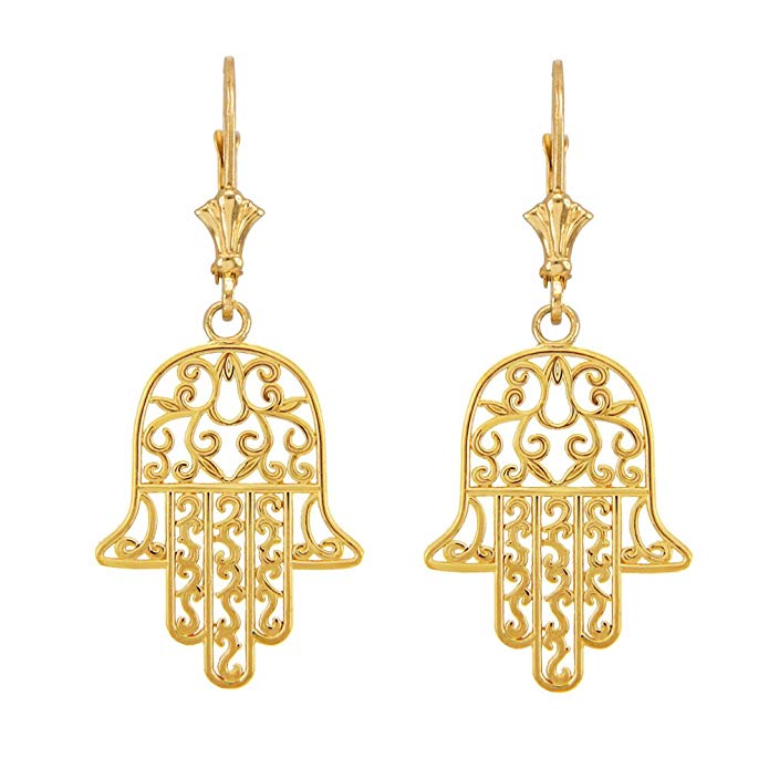 14k Yellow Gold Jewish Hamesh Hand Filigree Hamsa Earrings