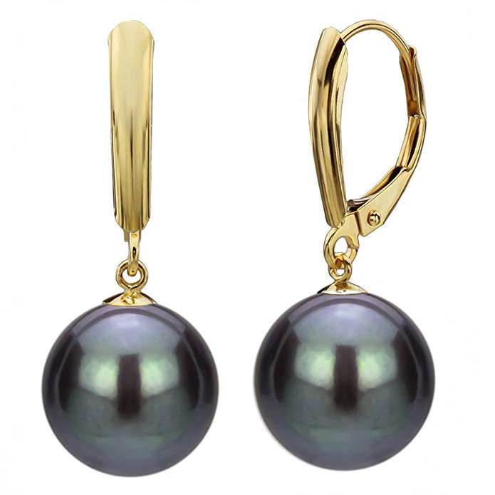 14K Gold Leverback Freshwater Cultured Black Pearl Dangle Earrings for Women 9-9.5mm