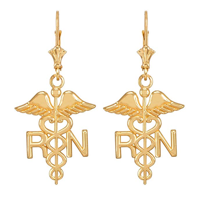 14k Yellow Gold Caduceus RN Registered Nurse Leverback Earrings