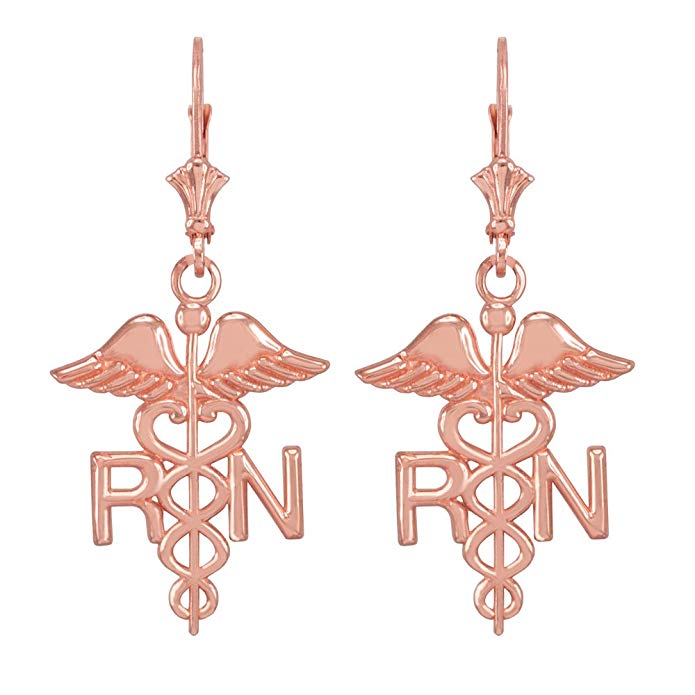 14k Rose Gold Caduceus RN Registered Nurse Leverback Earrings