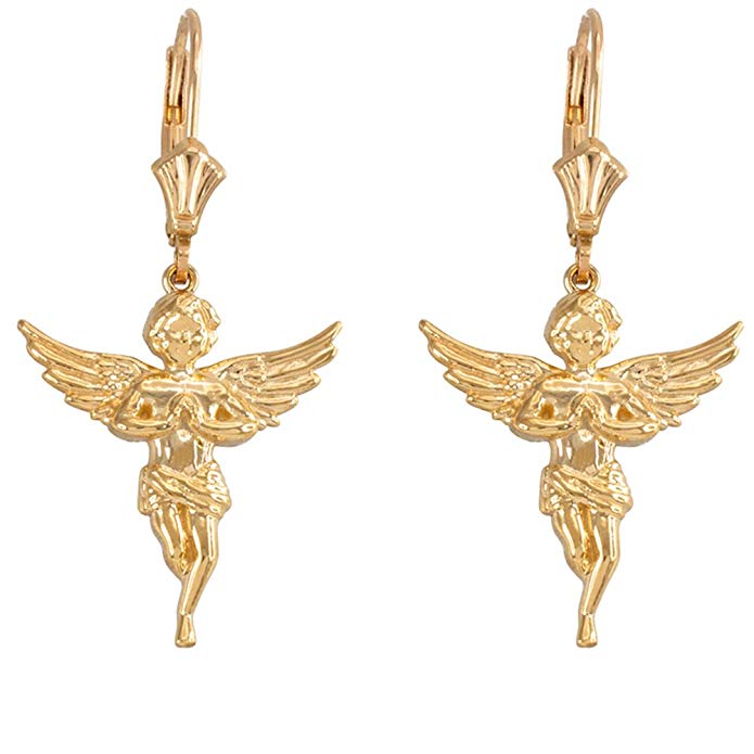 Praying Angel Leverback Earrings in Textured 14k Yellow Gold