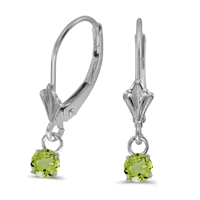 14k White Gold 5mm Round Genuine Peridot Lever-back Earrings