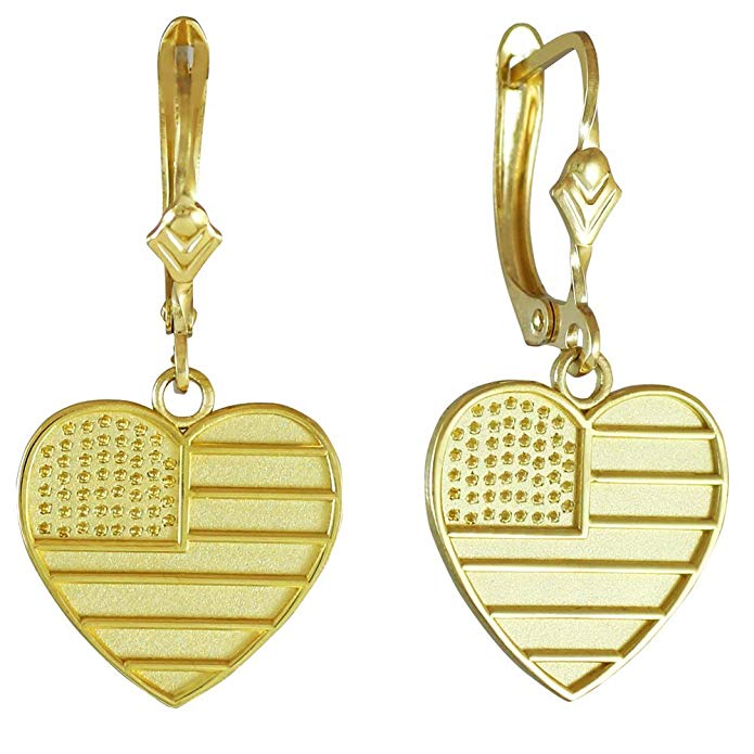 10k Yellow Gold Heart Shaped US American Flag Leverback Earrings