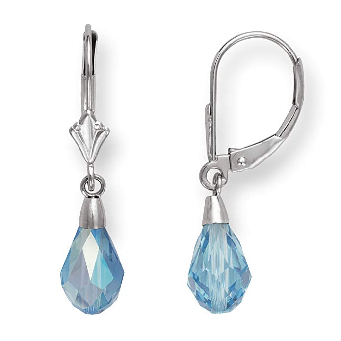 14k White Gold Aquamarine 9x6mm Swarovski Element Pear Drop Leverback Earrings - Measures 29x6mm