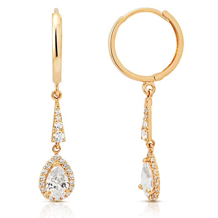 Large Pear Shaped Center CZ Halo Dangling Earrings in 14K Yellow Gold