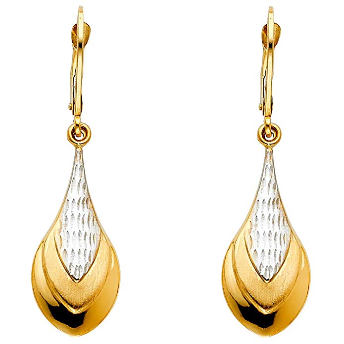 14k Two Tone Gold Teardrop Dangle Earrings (42 x 12 mm)