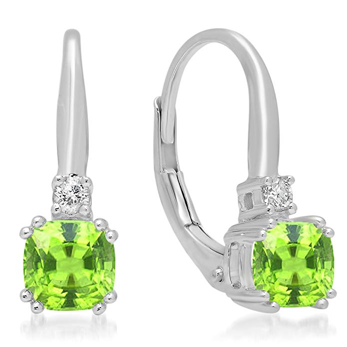 14K White Gold 5 MM Each Cushion Cut Gemstone & Round Diamond Ladies Dangling Drop Earrings