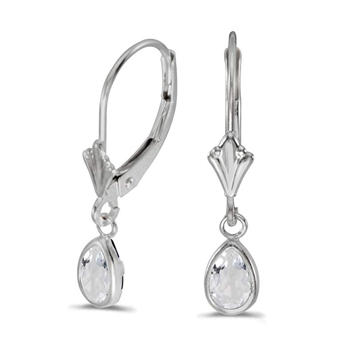 14k White Gold Pear White Topaz Bezel Lever-back Earrings