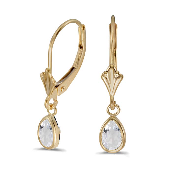 14k Yellow Gold Pear White Topaz Bezel Lever-back Earrings