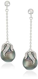 10-11mm Natural Color Circle Tahitian Cultured Pearl And White Topaz Dangle Sterling Silver Dangle Earrings