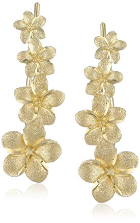 14k Yellow Gold Flower Matte-Finish Drop Earrings