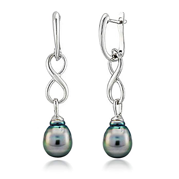 Sterling Silver 10-10.5mm Black Baroque Tahitian Cultured Pearl Infinity Dangle Earrings