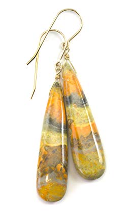 Bumble Bee Jasper Earrings Yellow Orange Smooth Long Teardrop Dangle Shape Drops