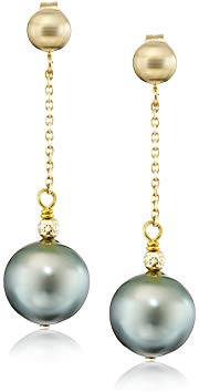 14k Yellow Gold 9-9.5mm Black Round Tahitian Cultured Pearl Tin Cup Wire Stud Dangle Earrings