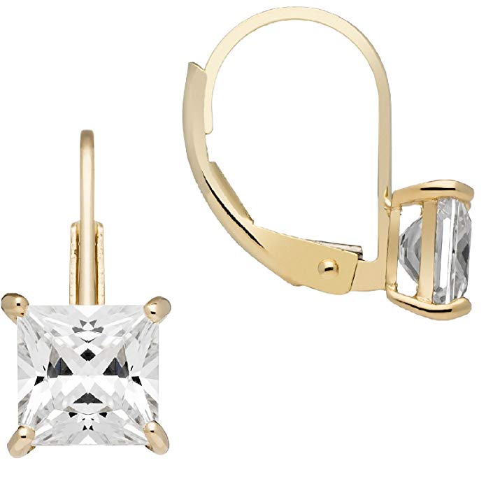 Everyday Elegance | 14K Solid Gold Earrings | Princess Cut Cubic Zirconia | Leverback Drop Dangle Basket Setting | 2.0 cttw | With Gift Box