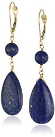 14k Yellow Gold Lapis Lazuli Flat Teardrop and Round Bead Drop Earrings