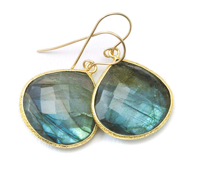 14k Gold Filled Labradorite Earrings Goldtone Bezel Set Blue Flash Faceted Large Fat Drops