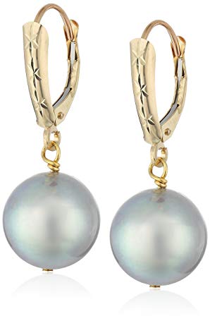 14k Yellow Gold 11-11.5mm Dyed-Grey Freshwater Cultured Pearl Design Lever-Back Dangle Earrings